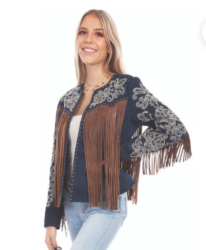Mavericks Denim Embroied Beaded/Studded/Fringe Women's  Jacket Sz S